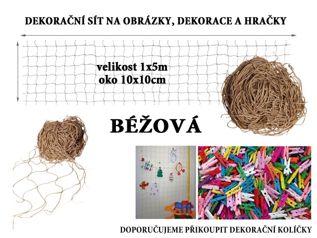 Béžová dekorační síť na zeď 5x1m oko 10x10cm