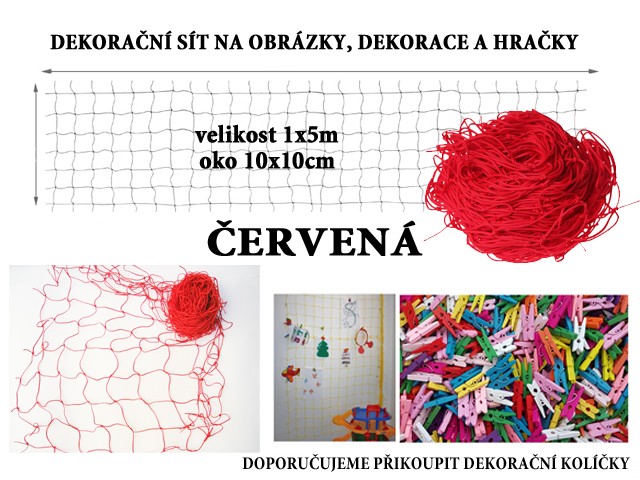 Červená dekorační síť na zeď 5x1m oko 10x10cm