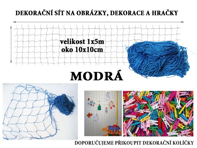 Modrá dekorační síť na zeď 5x1m oko 10x10cm