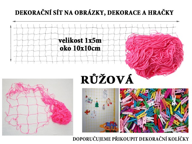 Růžová dekorační síť na zeď 5x1m oko 10x10cm