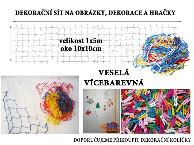 Veselá vícebarevná dekorační síť na zeď 5x1m oko 10x10cm