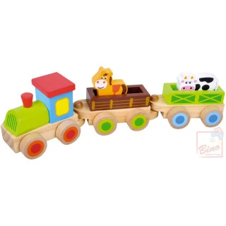 BINO DŘEVO Baby vláček set mašinka + 2 vagonky se zvířátky pro m